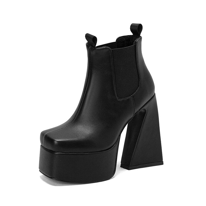 Womens Patent Leather Square-toe Boots With Chunky Heels