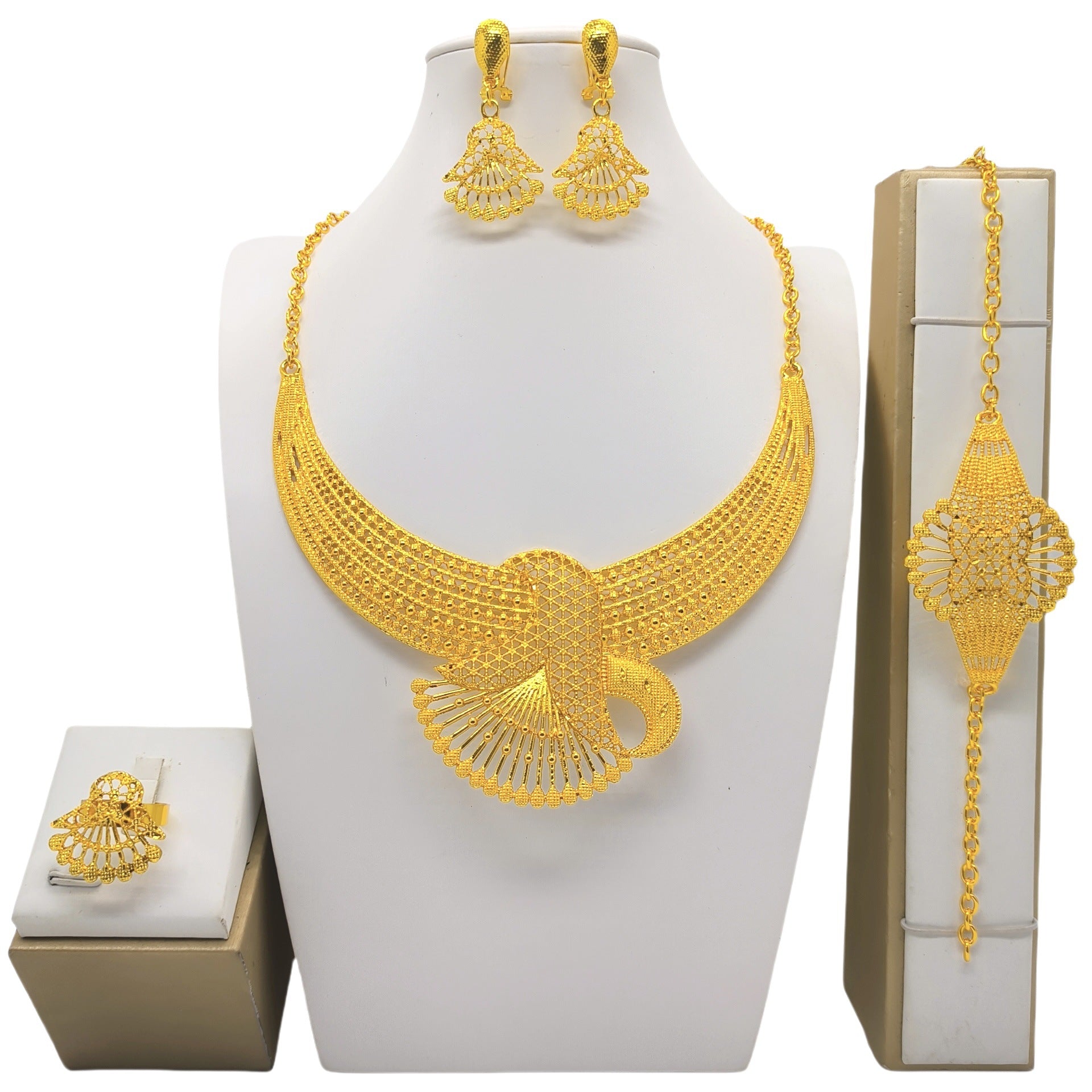 24K Gold Jewelry Suit Necklace Bracelet Earrings Four-piece Ring Set