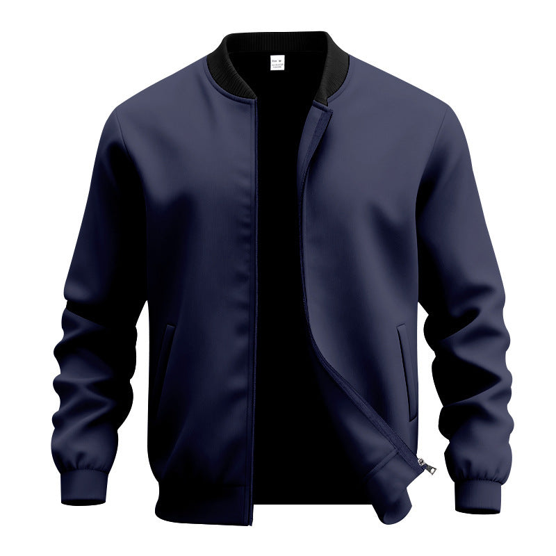 Mens American Retro Minimalist Zip Up Stand Up Collar Jacket