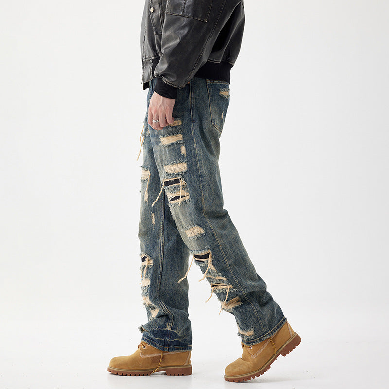 Mens Distressed Hole-Detailed Wide-Leg Denim Jeans With Custom Patches