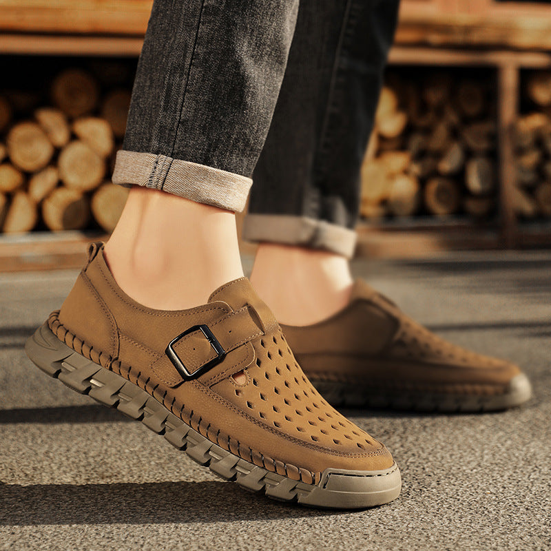 Mens Breathable Stitched Plus-Size Casual Leather Shoes
