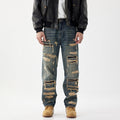 Mens Distressed Hole-Detailed Wide-Leg Denim Jeans With Custom Patches