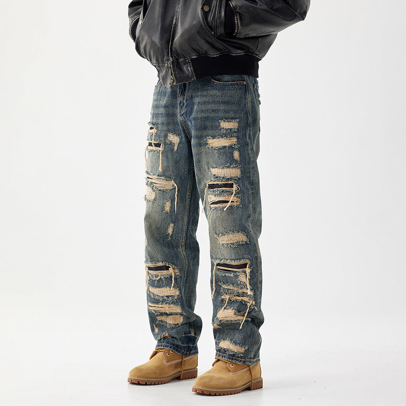 Mens Distressed Hole-Detailed Wide-Leg Denim Jeans With Custom Patches