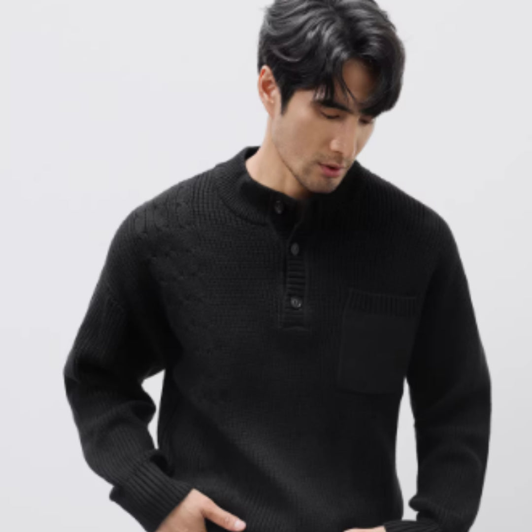 Men's Heavyweight Henley Collar Jacquard Thick Sweater
