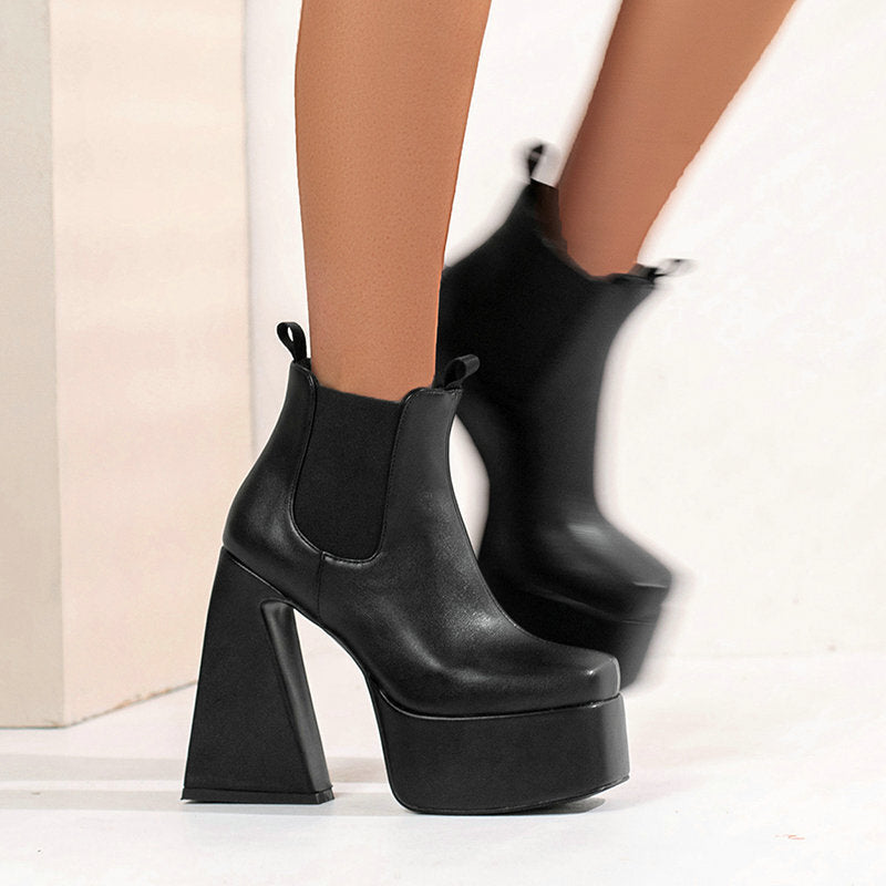 Womens Patent Leather Square-toe Boots With Chunky Heels
