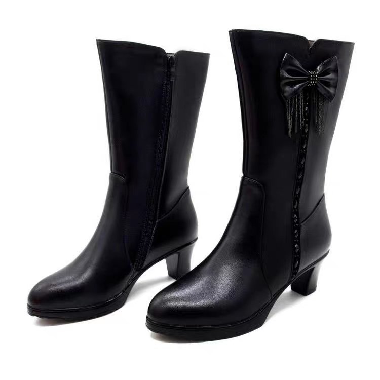 Womens Mid-Calf Fleece-Lined Leather Boots With Chunky Heels For Warmth