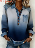 Denim Patchwork Collar Button-down Casual Long-sleeved Top