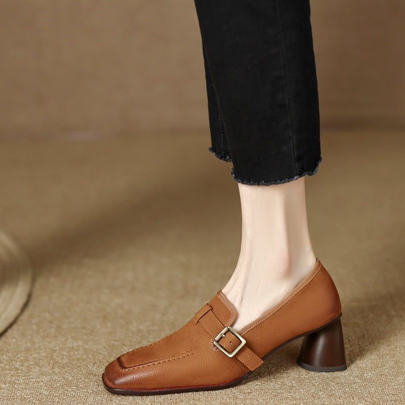 Womens Retro Brown Commuter British Style Leather Shoes With Chunky Heels