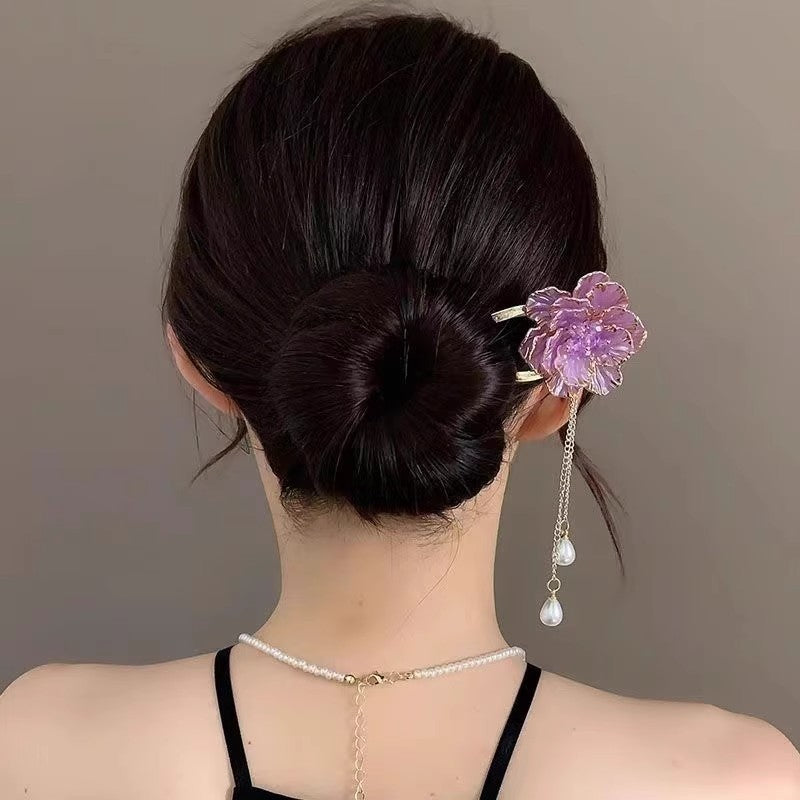 Female Retro Exquisite Peony Flower Tassel U-shaped Hairpin