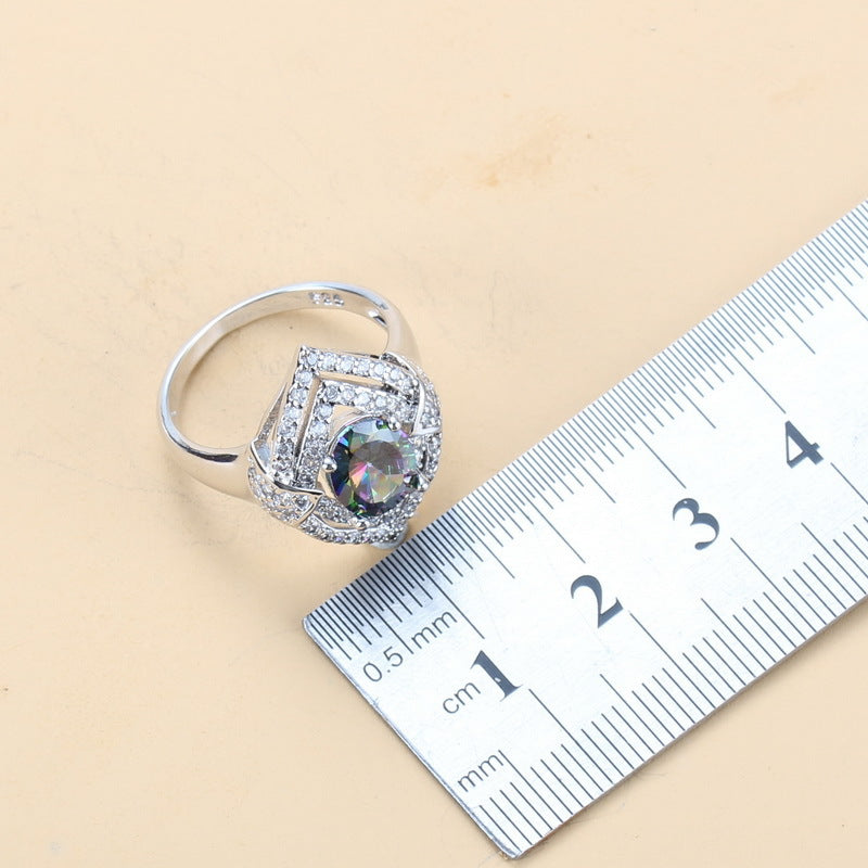 Inlaid Gemstone Pendant Earrings Necklace And Ring For Women 4 PCs Set