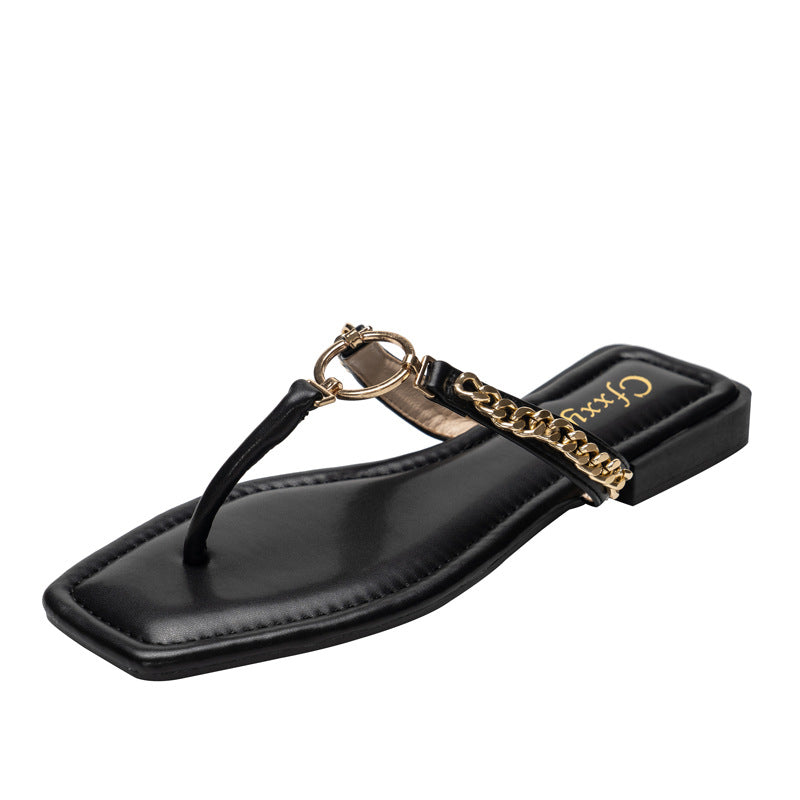 Fashion Chain Round Buckle Flip Flops Womens Low Heels  Sandals