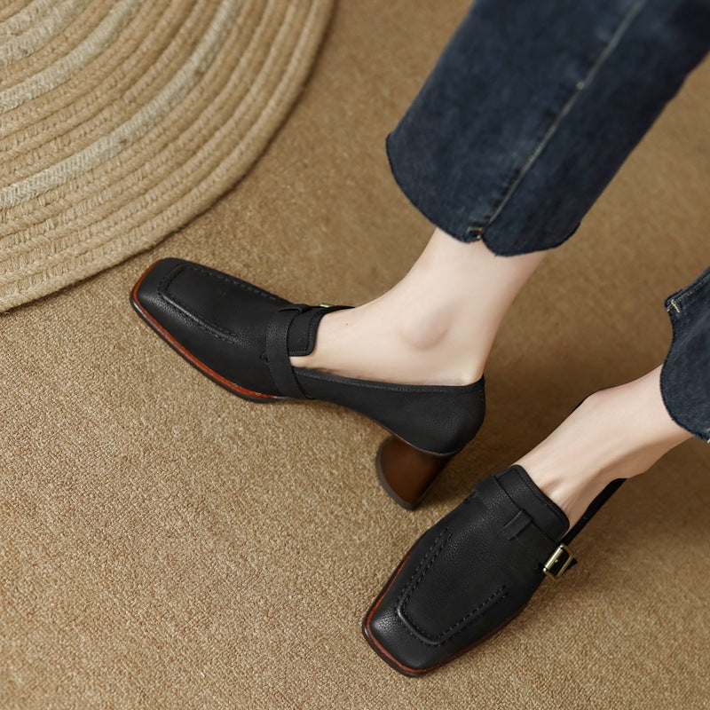 Womens Retro Brown Commuter British Style Leather Shoes With Chunky Heels