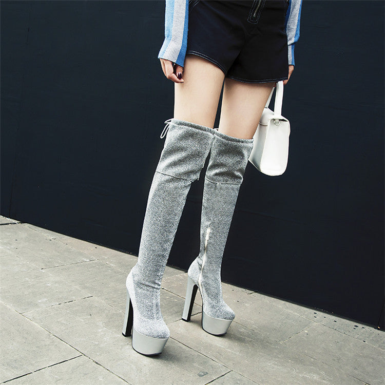Womens Thigh Bling Sequined Cloth Platforms High Heels Long Boots