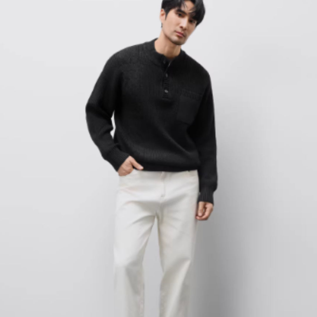 Men's Heavyweight Henley Collar Jacquard Thick Sweater