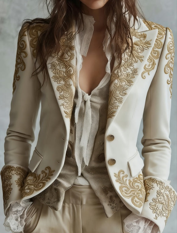 Velvet Pocket Suit With Printed Lapel And Flared Sleeves, Long-sleeved Blazer.