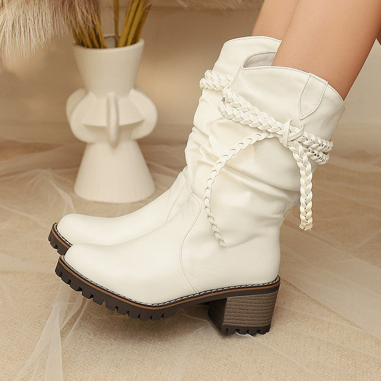 Womens Fashion Knitted Strap Mid-Calf Boots With Chunky Heels