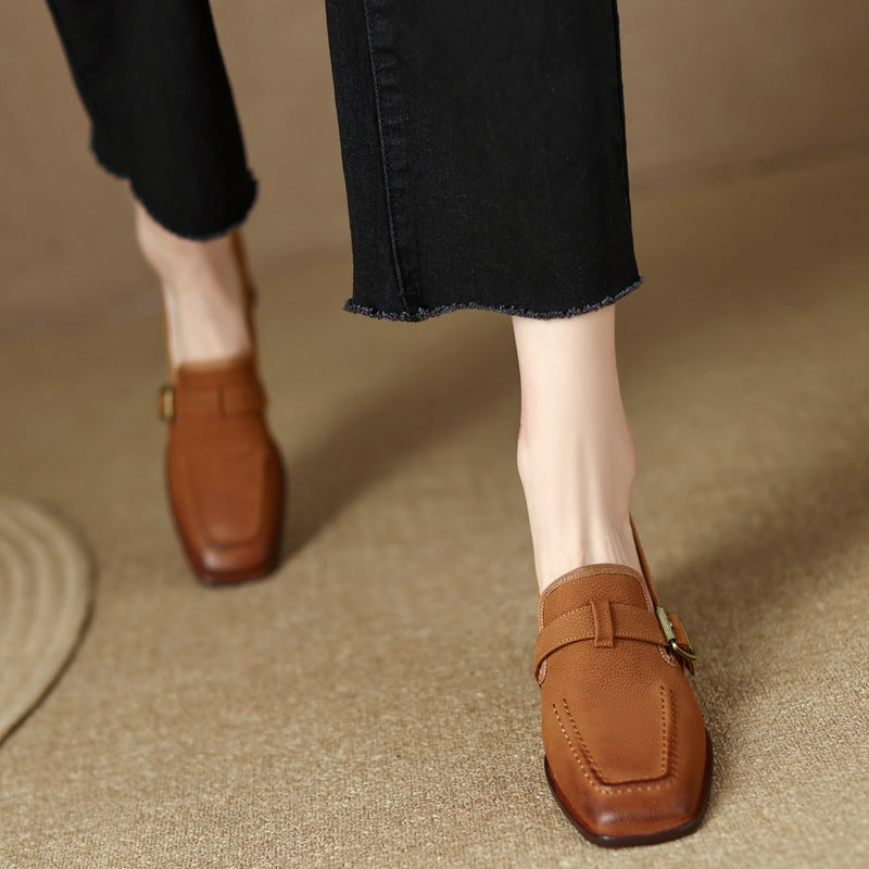 Womens Retro Brown Commuter British Style Leather Shoes With Chunky Heels