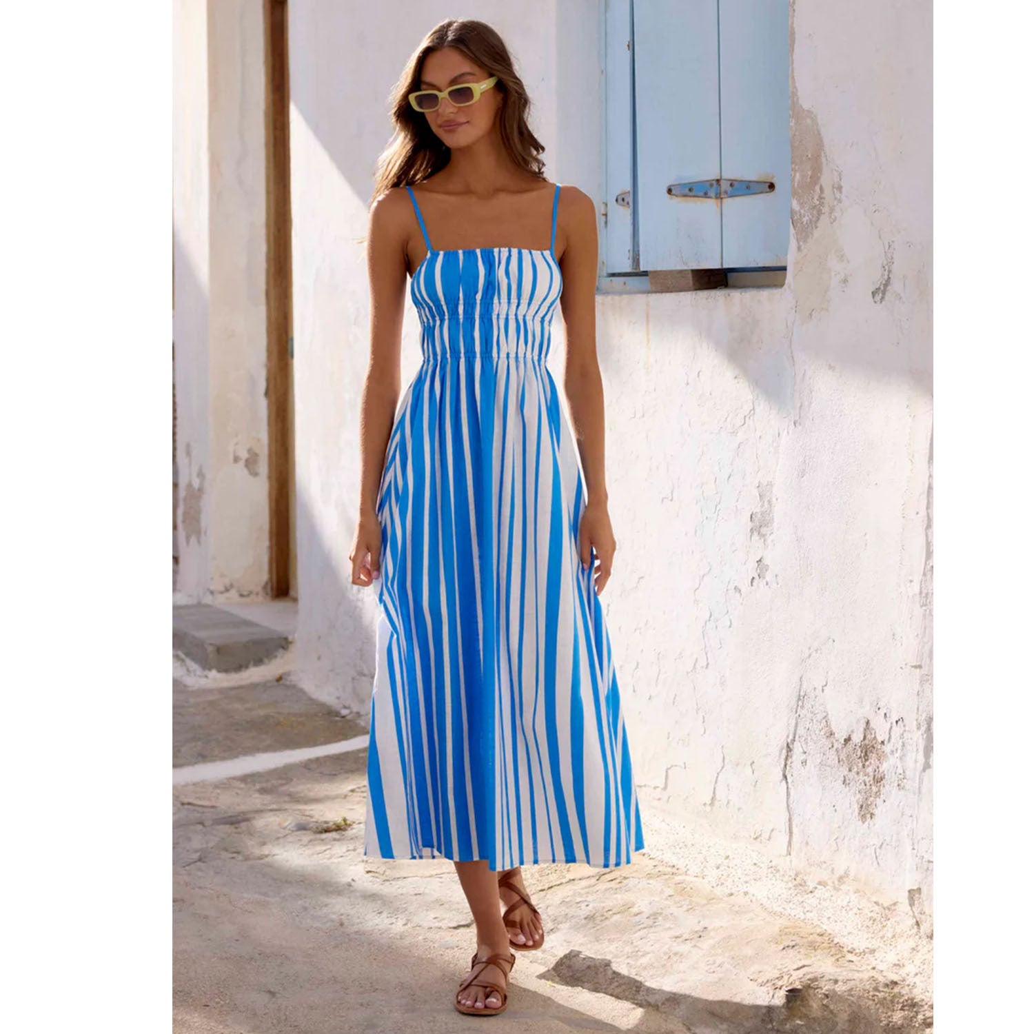 One Collar Striped Mid Waist Printed Mid Length Dress
