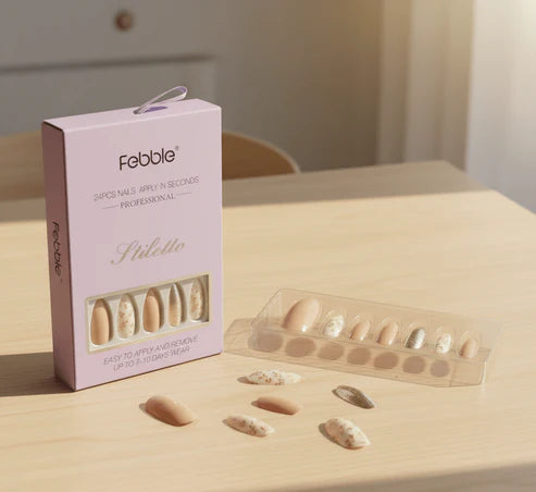 Febble - Nude Floral Gold Mix Press-On Nails (Original)