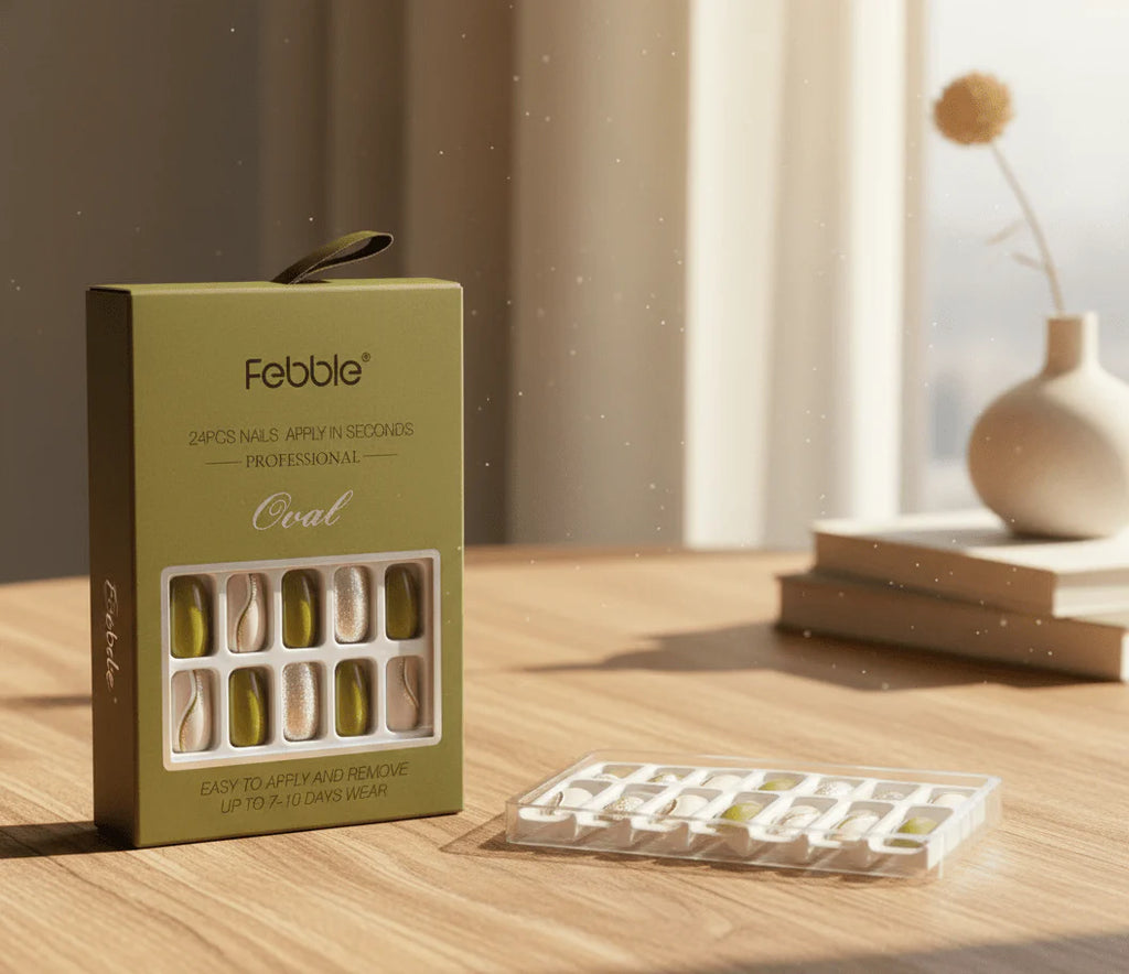 Febble - Olive Green & Silver Glam Press-On Nails (Original)