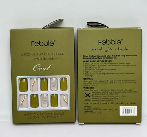 Febble - Olive Green & Silver Glam Press-On Nails (Original)